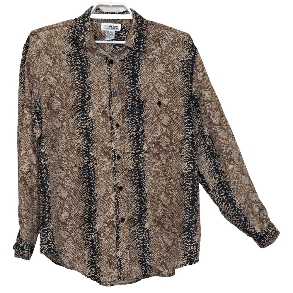 Metro Express Button Front Top Womens Medium Animal Print 100% Silk Vintage‎